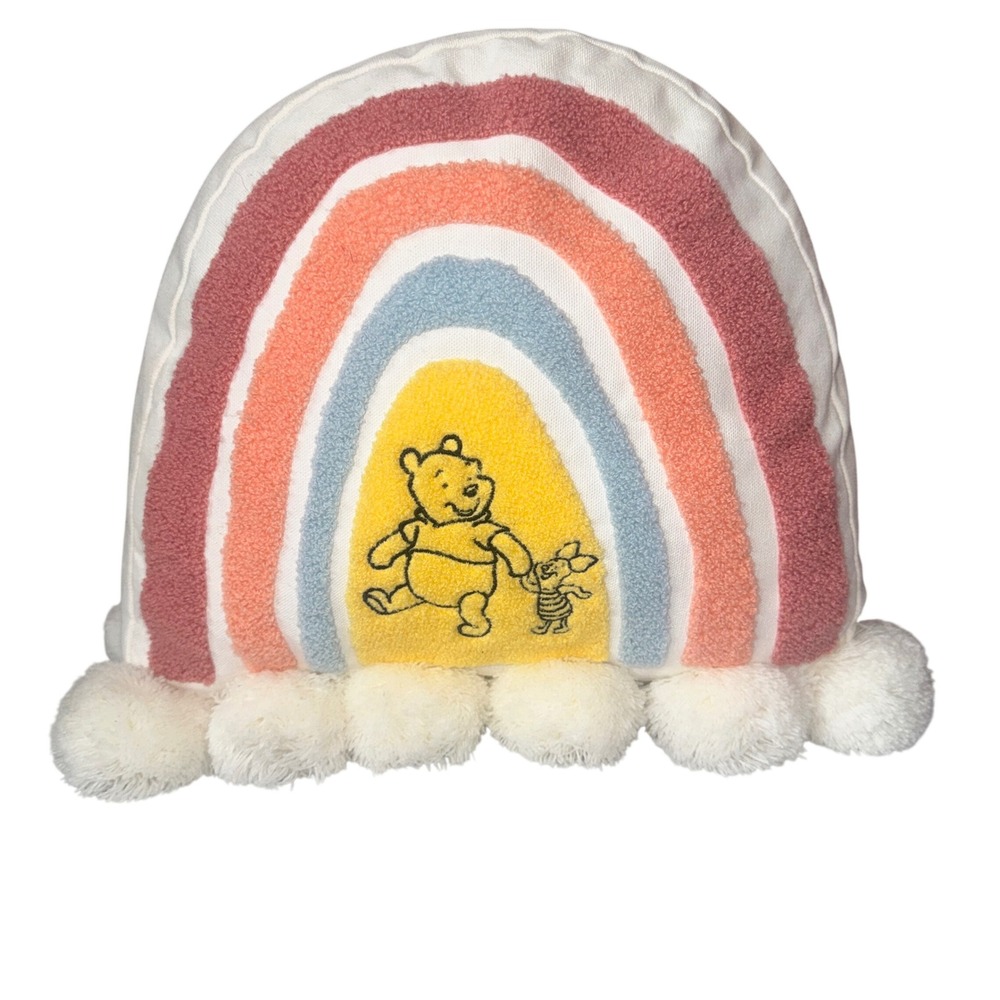 Disney Winnie The Pooh Rainbow Decorative Pillow White Pink Blue Pom Poms OS